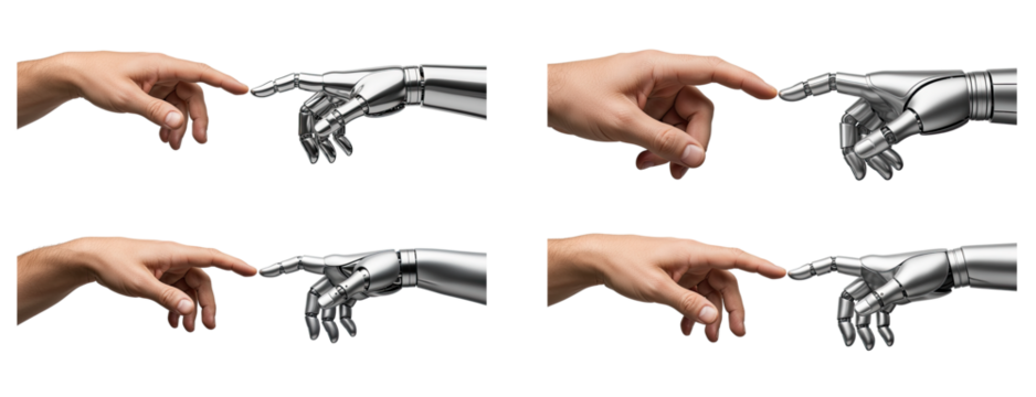 Human hand and robotic hand reaching to touch each other, symbolizing connection and technology interaction in futuristic concept