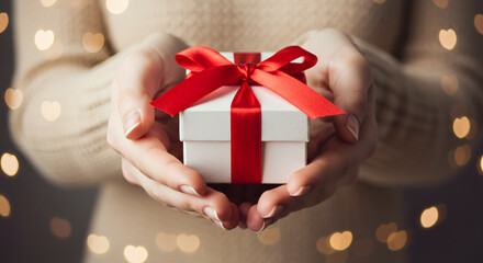 Beauty Woman hands holding Gift box with red bow over holiday background with glowing hearts bokeh, close-up, pastel colors, 04