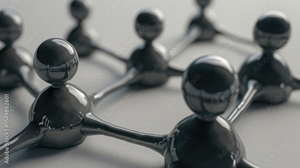 Poster close up view of interconnected glossy black nodes representing network or social connection. shiny 