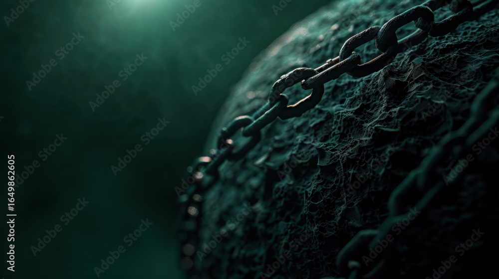 Poster close up view of textured sphere covered in chains, symbolizing confinement and restriction. dark, m