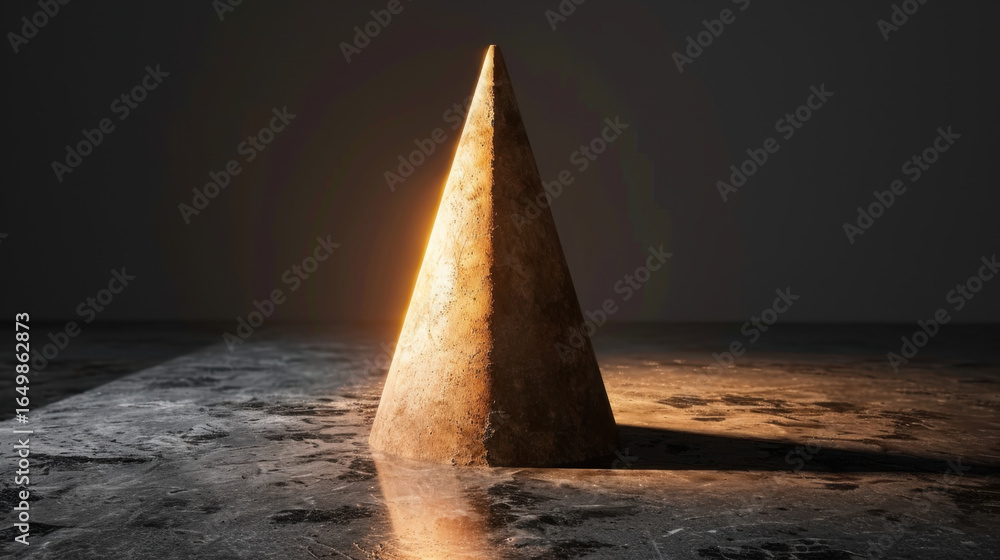 Poster metallic cone sculpture stands prominently polished surface, illuminated by warm light that highligh