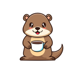 Fototapeta premium A cute otter holding a cup of coffee, enjoying a peaceful moment with its warm beverage. The otter, with its adorable features, radiates a sense of comfort and contentment.