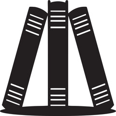 A minimalistic black and white illustration of three books standing upright with visible spine details