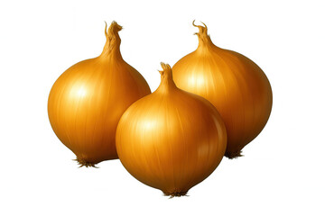 Three whole fresh onions with textured skin and dried roots, isolated on a transparent background