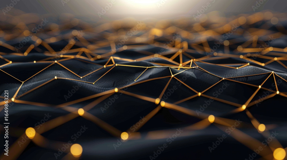 Poster close up view of digital landscape featuring network of interconnected lines and nodes, creating thr