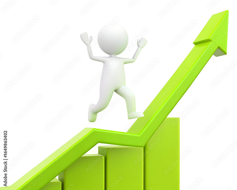 Poster white stick figure jumping on a green upward trending arrow graph on a white isolated background ima
