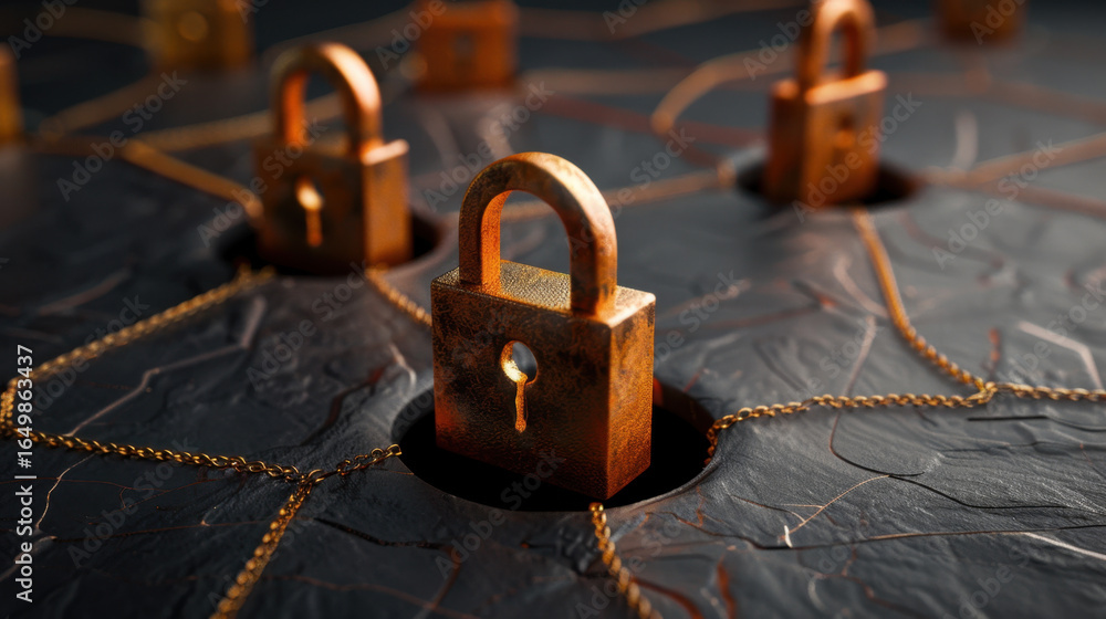 Poster secure locks are positioned on textured surface, symbolizing protection and security. intricate desi