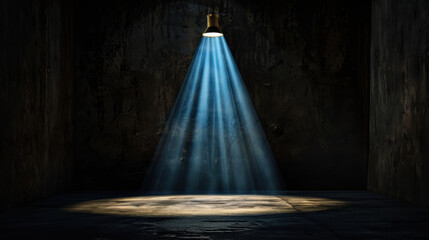 Dramatic spotlight illuminates dark, empty room, casting beams of light onto textured floor. atmosphere evokes sense of mystery and anticipation, perfect for performance or reveal