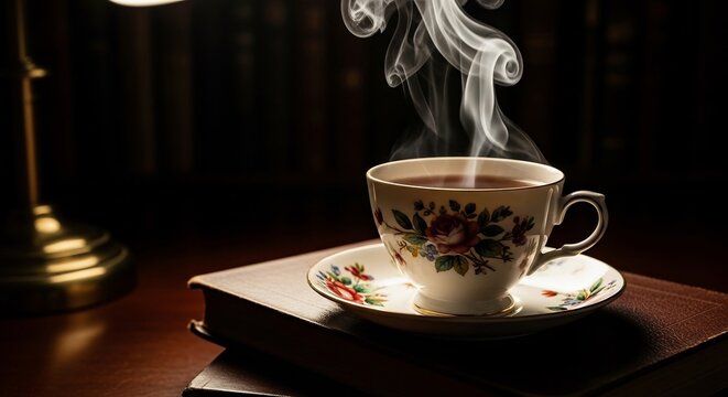 Cozy scene with steaming tea cup on a book near lamp. Perfect for relaxation, reading, vintage aesthetics, or promoting quiet moments and book clubs. Afternoon tea invitation.