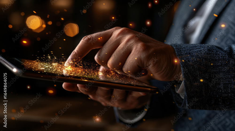 Poster close up of person hand interacting with tablet, creating magical effect with sparkling particles. s