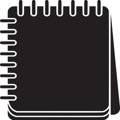A black and white graphic illustration of a spiral bound notebook standing upright on a surface