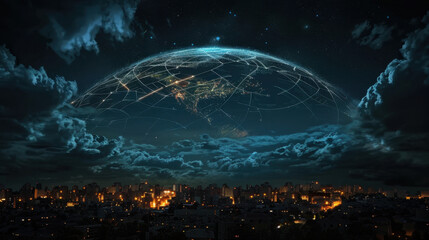 Stunning digital representation of city skyline night, illuminated by city lights, beneath dramatic sky filled with clouds. Above, glowing network of lines forms spherical shape, symbolizing