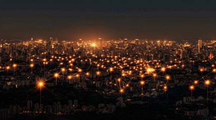 Fototapeta premium Stunning cityscape at night, showcasing vibrant urban skyline illuminated by countless lights. intricate network of glowing connections adds sense of energy and modernity to scene
