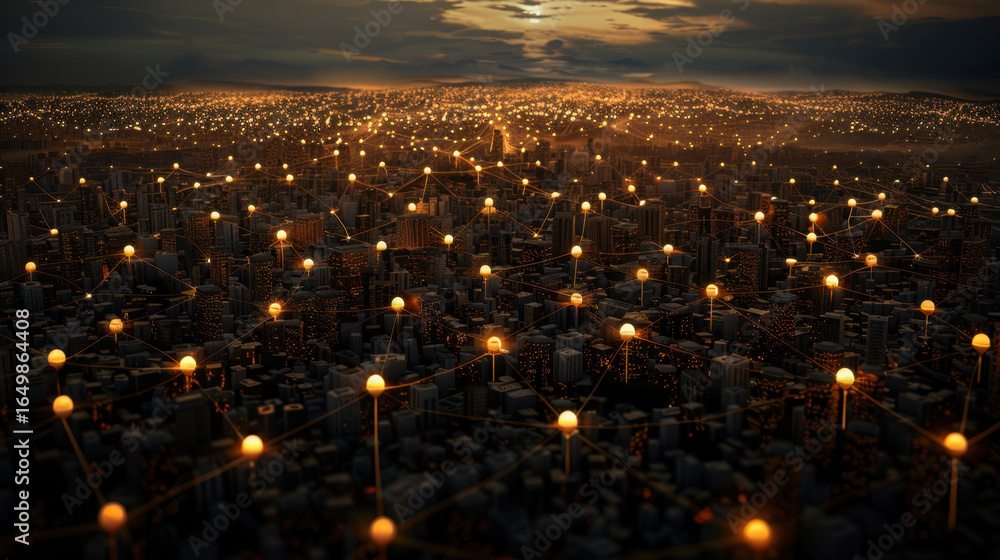 Poster aerial view of sprawling city illuminated by countless lights, interconnected by glowing nodes repre