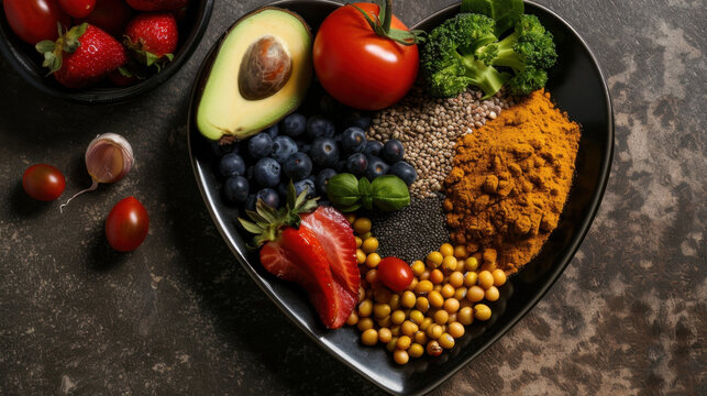 Fresh fruits and vegetables arranged heart shaped bowl showcasing variety of colors and textures. vibrant display includes strawberries blueberries tomatoes avocado broccoli and spices promoting - Powered by Adobe