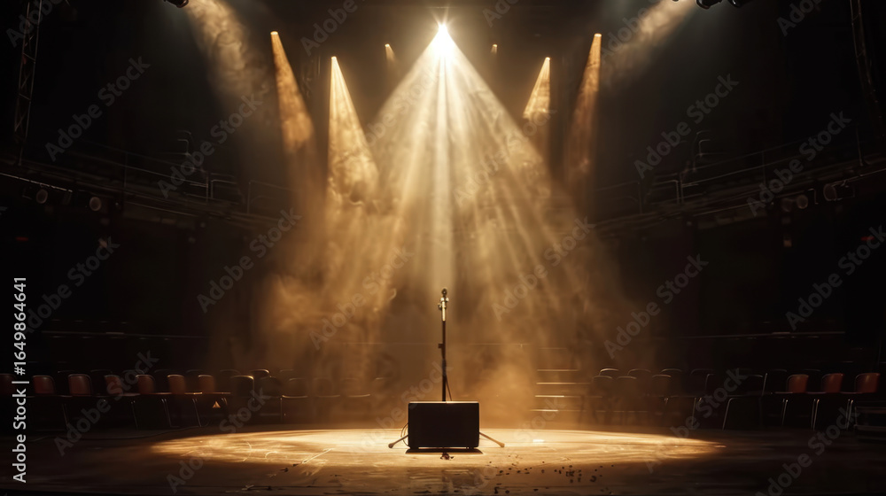 Aufkleber spotlight shines dramatically on microphone stand in empty theater, creating atmosphere of anticipat