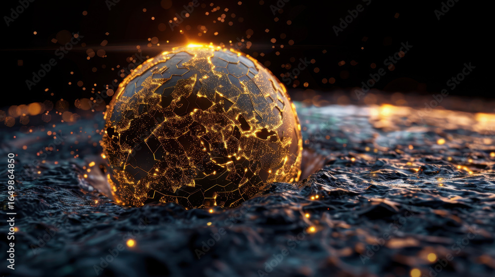 Aufkleber glowing sphere emerges from dark, textured surface, surrounded by shimmering particles. sphere featu