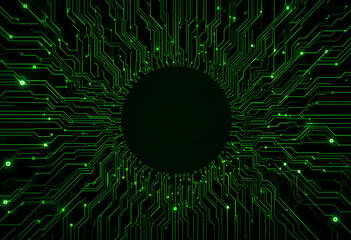 Innovation Tech Style with Glowing Neon Green Data Lines on AI Black Circuitboard Background

