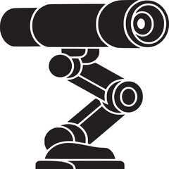 A black and white graphic illustration of a robotic arm with a camera on a white background