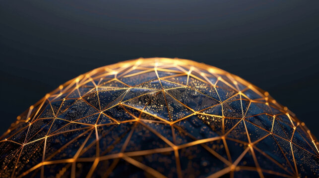 Stunning 3D rendering of globe featuring network of golden lines and dots, symbolizing connectivity and technology. intricate design evokes sense of modernity and innovation