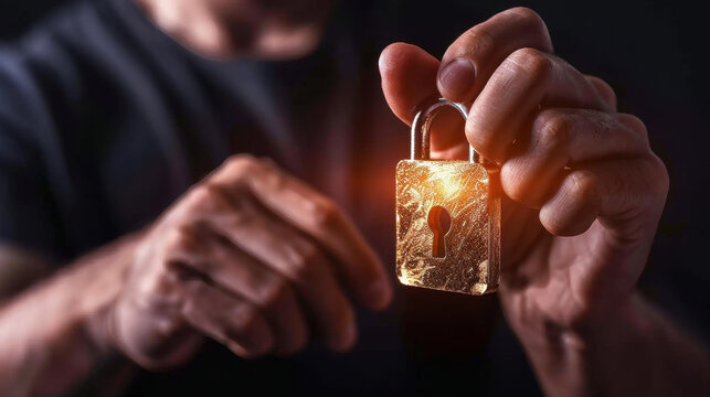Person holds shiny golden padlock, symbolizing security and protection. focus is on padlock, with soft glow enhancing its metallic surface, creating sense of intrigue and mystery