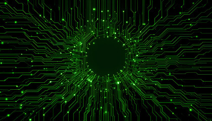 Cyber-Tech Black Circuitboard Background with Glowing AI Neon Green Neural Data Streams

