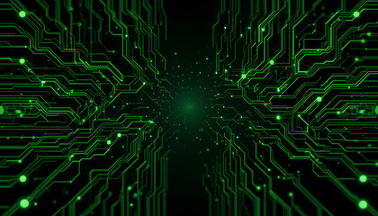 Glowing AI Lines on Futuristic Black Circuitboard Background with Neon Green Accents

