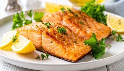 白いプレートに盛られた香ばしいグリルサーモン、レモンとハーブで彩りを添えたクローズアップ。自然光で鮮やかな色味と質感を強調しています。