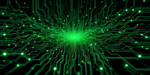 Black Technology Grid Background with Glowing AI-Driven Neon Green Circuitboard Lines

