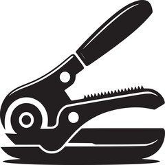 A black and white vector illustration of a metal hole punch with a handle and jagged edge detail