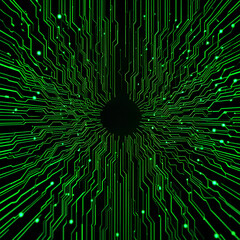 Neural Circuitboard Background in Black with Glowing AI Neon Green Data Lines for Technology Designs

