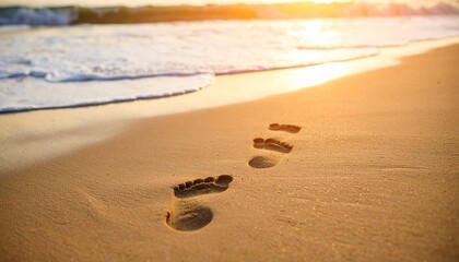 砂浜に残る二人分の足跡、オレンジ色に染まる夕暮れの海と波の寄せる音。