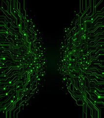 Advanced Computing Black Circuitboard Background with AI Neon Green Data Line Highlights


