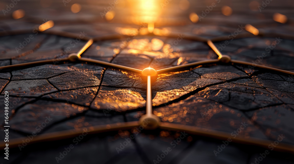 Poster close up view of textured surface featuring interconnected lines and nodes, illuminated by warm glow