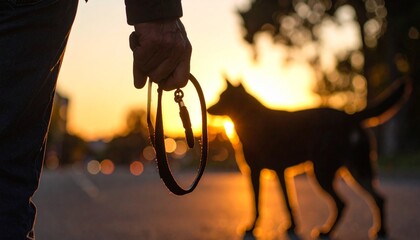 日本語

犬の散歩中、リードを握る手元に焦点を当てたクローズアップ。背景には夕方の柔らかい光の中で歩く犬のシルエットがぼんやりと映り、ライフスタイルや日常の雰囲気を伝えます。