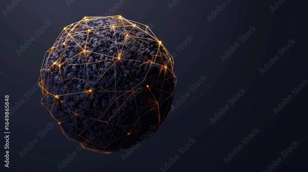 Poster digital representation of spherical object with textured surface, interconnected by glowing lines, s