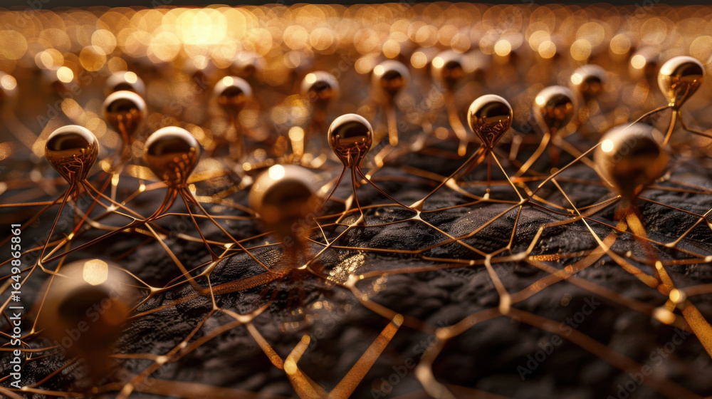 Poster golden spheres connected by intricate wire structures create mesmerizing abstract design, evoking se