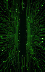 Abstract AI Circuitboard Background in Black with Neon Green Data Tracks for Modern Tech

