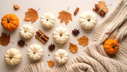 乾燥した葉、小さなカボチャ、シナモンスティック、コージーなニット布を並べた秋の季節感フラットレイ。