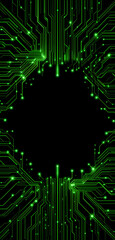 AI Neural Network Concept with Black Circuitboard Background and Neon Green Digital Lines

