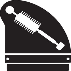 A black and white illustration of a mascara wand on a container with horizontal lines and a round top