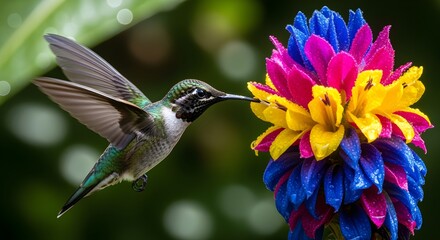 Fototapeta premium Hummingbird feeding from vibrant flower, high-speed capture