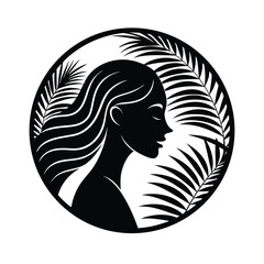 Silhouette a woman's face with flowing hair palm leaves vector