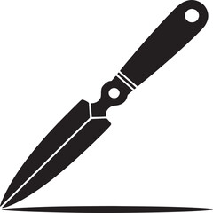 A black and white image of a throwing knife with a shadow on a white background in a simple design