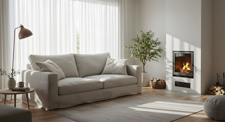 Fototapeta premium Bright living room with sofa fireplace plant lamp and white curtains in a modern home setting style