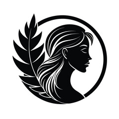 Silhouette a woman's profile with flowing hair a leaf inside a circle face head