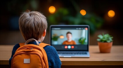 Young student attends online class with orange backpack and laptop on a wooden desk at home