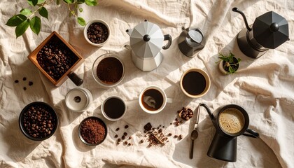 ラスティックなリネンクロスの上に、グラインダー、コーヒー豆、ドリッパー、蒸気の立つマグカップを整然と配置したフラットレイ。柔らかなサイドライトが、温かいカフェの雰囲気と豆の質感を引き立てます。