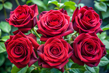 Fototapeta premium A cluster of vibrant red roses in full bloom, showcasing their velvety petals and lush green leaves in a garden setting