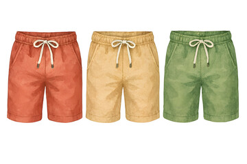 Three pairs of casual summer shorts in different colors isolated on transparent background
